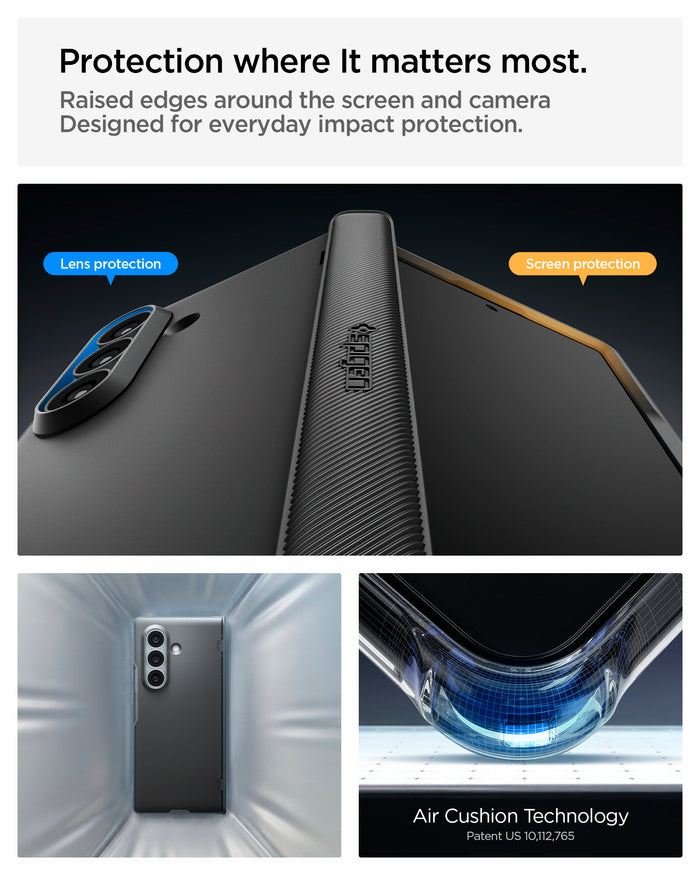 ACS11503 - Galaxy Z Fold 8 Ultra Slim Armor Pro (Mag Fit) Black showing the "Protection where It matters most" graphic, highlighting lens and screen protection edges, alongside a close-up of a case corner and the "Air Cushion Technology" corner impact diagram.