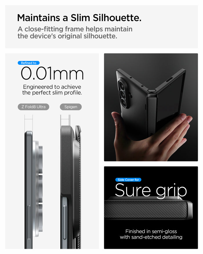 ACS11503 - Galaxy Z Fold 8 Ultra Slim Armor Pro (Mag Fit) Black showing the "Maintains a Slim Silhouette" graphic, comparing the side profile thickness of the bare Galaxy Z Fold 8 Ultra Ultra and the Spigen-cased version at 0.01mm difference