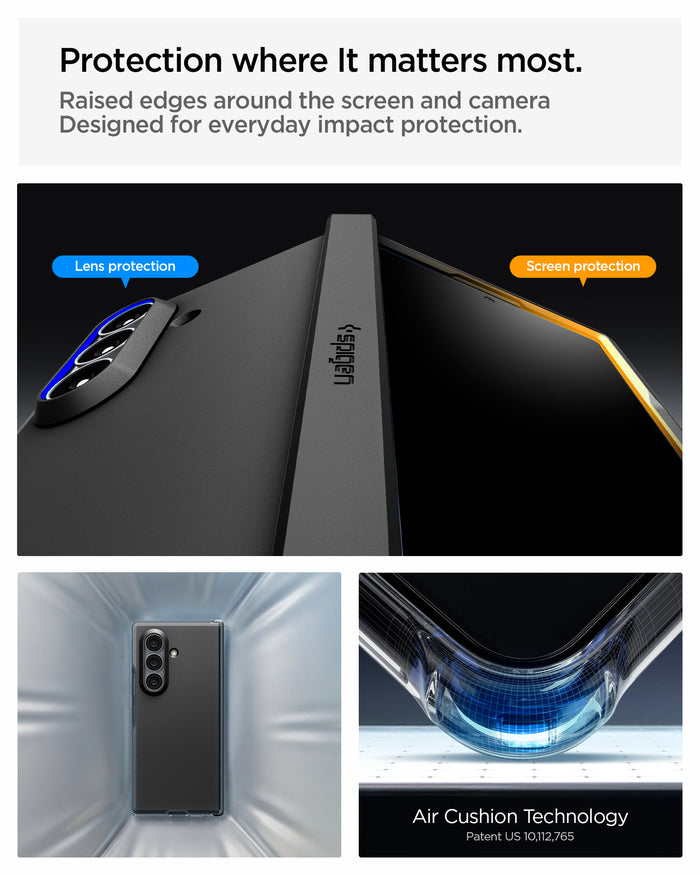 ACS11499 - Galaxy Z Fold 8 Ultra Tough Armor Pro (Mag Fit) Black showing the "Protection where It matters most" graphic, highlighting lens and screen protection edges, alongside a close-up of a case corner and the "Air Cushion Technology" corner impact diagram.