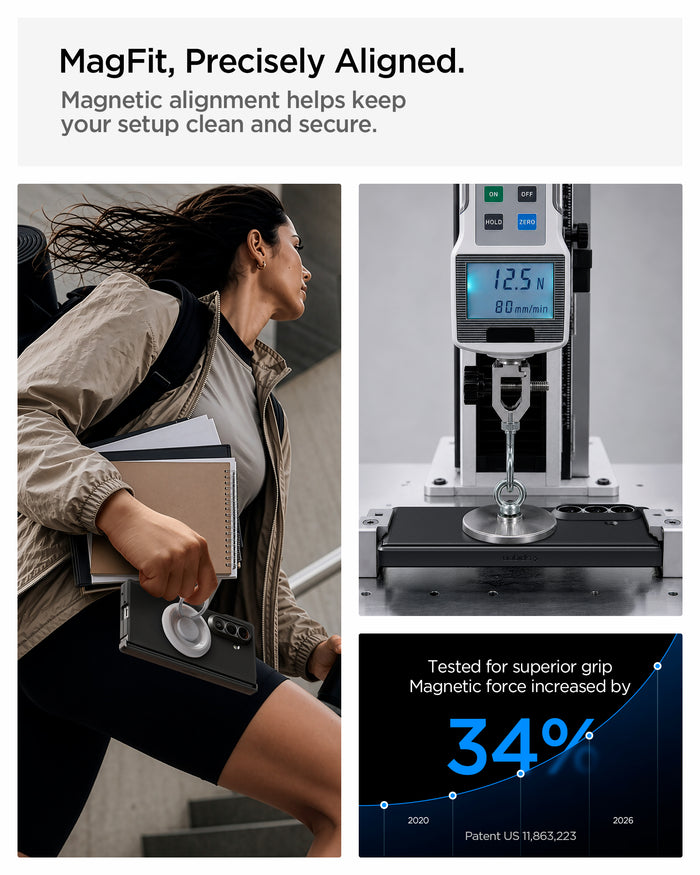 ACS11499 - Galaxy Z Fold 8 Ultra Tough Armor Pro (Mag Fit) Black showing the "MagFit, Precisely Aligned" graphic, with a lifestyle photo of a person holding the phone and books, alongside a lab image measuring magnetic force at 12.5N and a chart showing a 34% increase