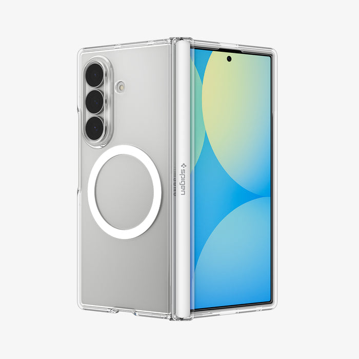 ACS11498 - Galaxy Z Fold 8 Ultra Ultra Hybrid Pro (Mag Fit) showing Galaxy Z Fold 8 Ultra clear case angled with front screen open, camera cutout, and Spigen logo on spine