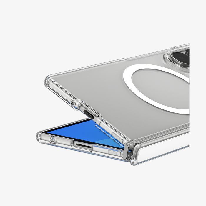 ACS11498 - Galaxy Z Fold 8 Ultra Ultra Hybrid Pro (Mag Fit) showing close-up of Galaxy Z Fold 8 Ultra clear case hinge opening at an angle, screen edge, and camera cutout