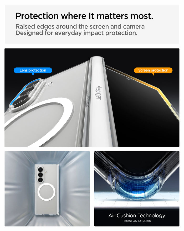 ACS11498 - Galaxy Z Fold 8 Ultra Ultra Hybrid Pro (Mag Fit) showing the "Protection where It matters most" graphic, highlighting lens and screen protection edges, alongside a close-up of a case corner and the "Air Cushion Technology" corner impact diagram.