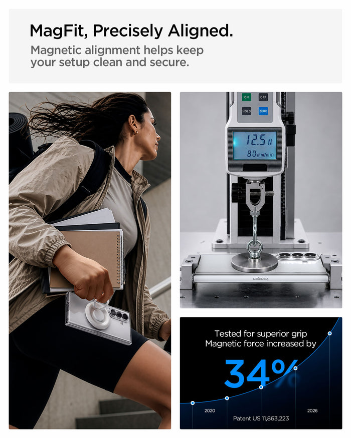 ACS11498 - Galaxy Z Fold 8 Ultra Ultra Hybrid Pro (Mag Fit) showing the "MagFit, Precisely Aligned" graphic, with a lifestyle photo of a person holding the phone and books, alongside a lab image measuring magnetic force at 12.5N