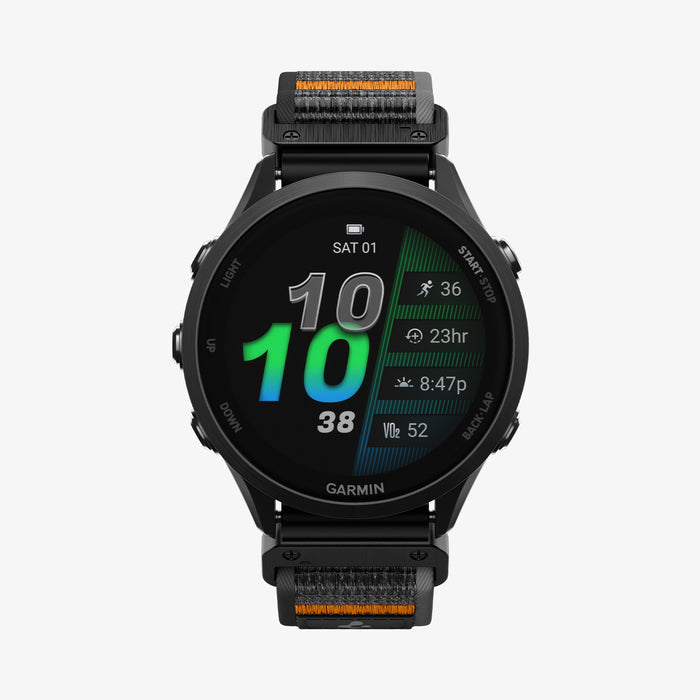 AMP11426 - Gamin 22mm Athlex Air Quick Fit showing front display view of smartwatch with Athlex Air Quick Fit 22mm woven band in black and orange