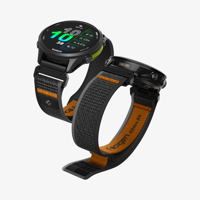 AMP11426 - Gamin 22mm Athlex Air Quick Fit showing dual smartwatch setup with Athlex Air Quick Fit 22mm woven bands in black and orange