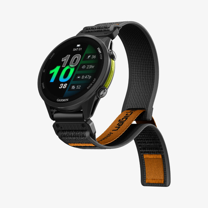 AMP11426 - Gamin 22mm Athlex Air Quick Fit showing angled front display of smartwatch with adjustable Athlex Air Quick Fit 22mm woven band in black and orange