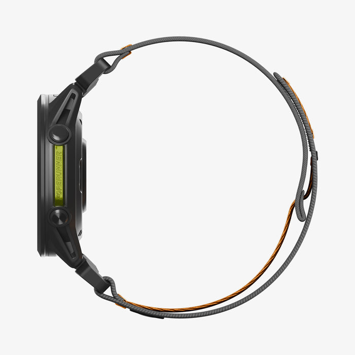 AMP11426 - Gamin 22mm Athlex Air Quick Fit showing side profile of smartwatch with slim Athlex Air Quick Fit 22mm band design in black and orange