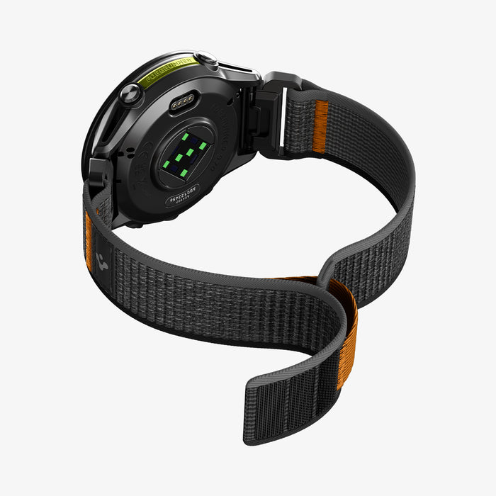 AMP11426 - Gamin 22mm Athlex Air Quick Fit showing angled rear perspective of smartwatch with textured Athlex Air Quick Fit 22mm woven band in black and orange