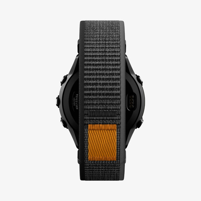 AMP11426 - Gamin 22mm Athlex Air Quick Fit showing rear sensor view of smartwatch with Athlex Air Quick Fit 22mm woven band in black and orange