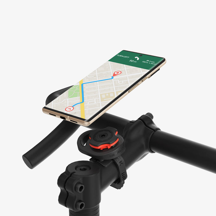 000MP25057 - Gearlock MS100 Bike Mount Stem / Handlebar in black showing a device hovering above the mount attached to bike stem