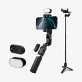 AMP08945 - Gimbal Selfie Stick | S620W in Black showing full kit render with phone mounted gimbal head LED fill light Bluetooth remote and extended tripod stand mode side by side