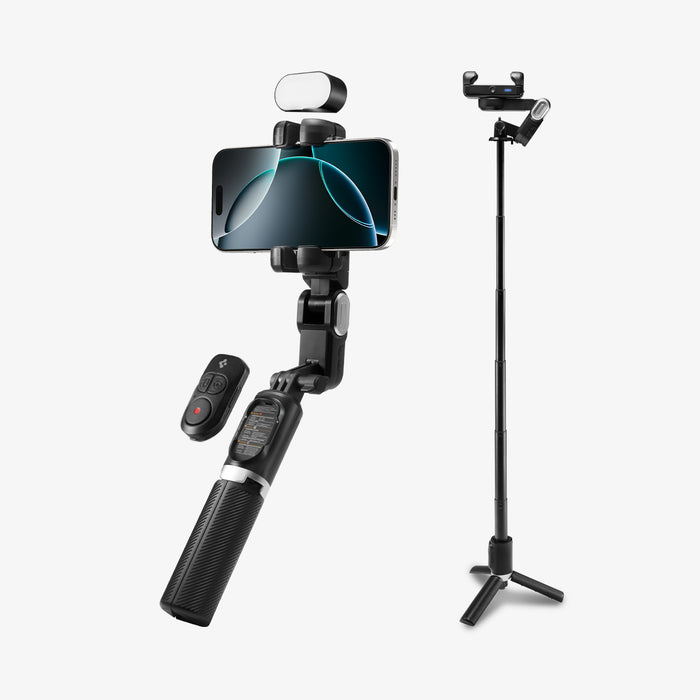 AMP08945 - Gimbal Selfie Stick | S620W in Black showing compact gimbal handheld mode with LED light and Bluetooth remote alongside fully extended tripod stand configuration