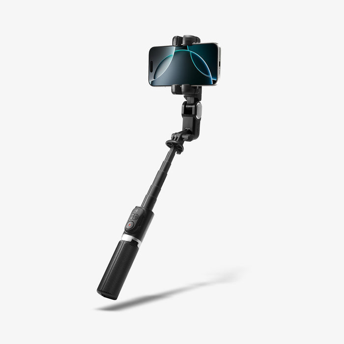 AMP08945 - Gimbal Selfie Stick | S620W in Black showing selfie stick mode with extended telescopic arm phone holder and built-in Bluetooth remote shutter on carbon-textured grip handle