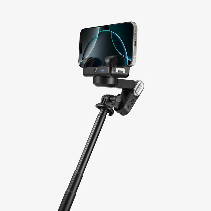 AMP08945 - Gimbal Selfie Stick | S620W in Black showing AI tracking mode with extended arm phone on rotating gimbal head with blue LED indicator and side-mounted fill light