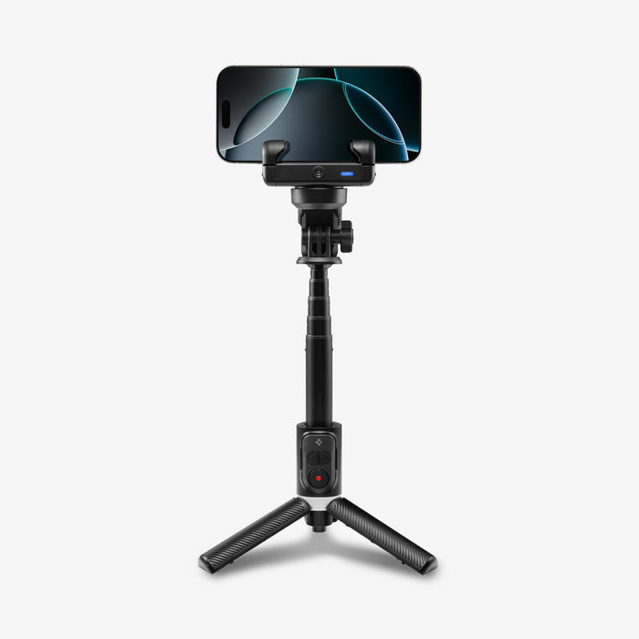 AMP08945 - Gimbal Selfie Stick | S620W in Black showing tripod stand mode with fully extended pole phone in horizontal landscape orientation on folded tripod base
