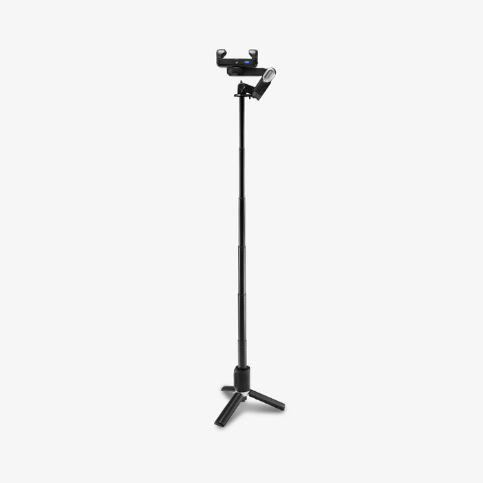 AMP08945 - Gimbal Selfie Stick | S620W in Black showing fully extended tripod stand without phone at maximum height with gimbal head and fill light attached