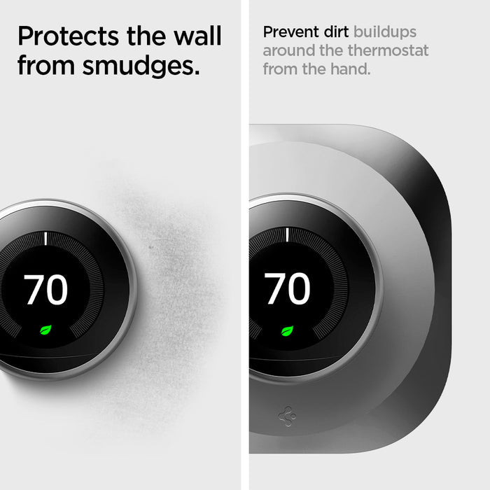 AHP03712 - Google Nest Learning Thermostat 3G Wall Plate in stainless steel showing how its protected from wall smudges. Prevent dirt buildups around the thermostat from the hand