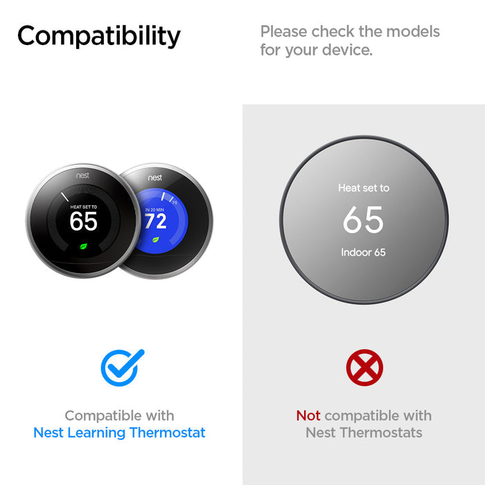 AHP03712 - Google Nest Learning Thermostat 3G Wall Plate in stainless steel showing the compatibility. Compatible with Nest Learning Thermostat and Not compatible with Nest Thermostats