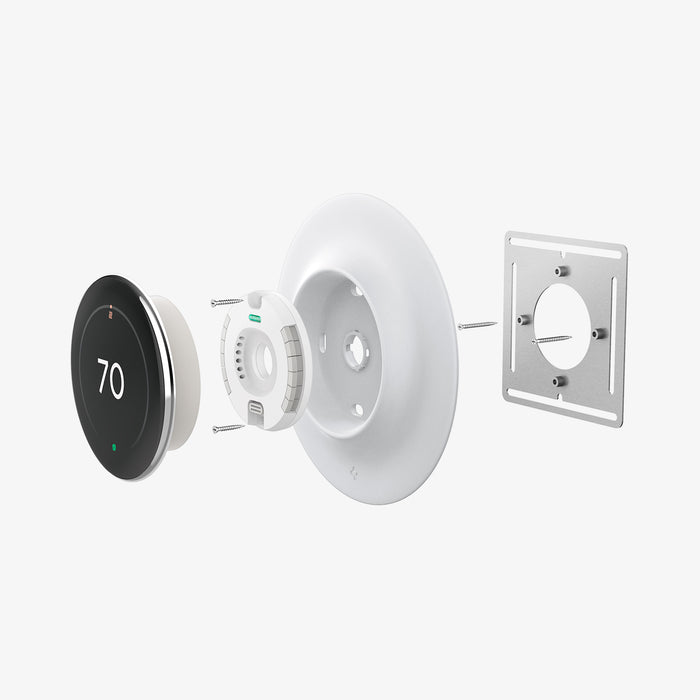 AHP09218 - Google Nest Learning Thermostat 4th Gen Wall Plate in Matte White showing the detached parts hovering in front showing sides
