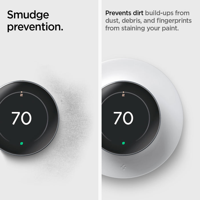 AHP09218 - Google Nest Learning Thermostat 4th Gen Wall Plate in Matte White showing the smudge prevention. Prevents dirt build-ups from dust, debris, and fingerprints form staining your paint