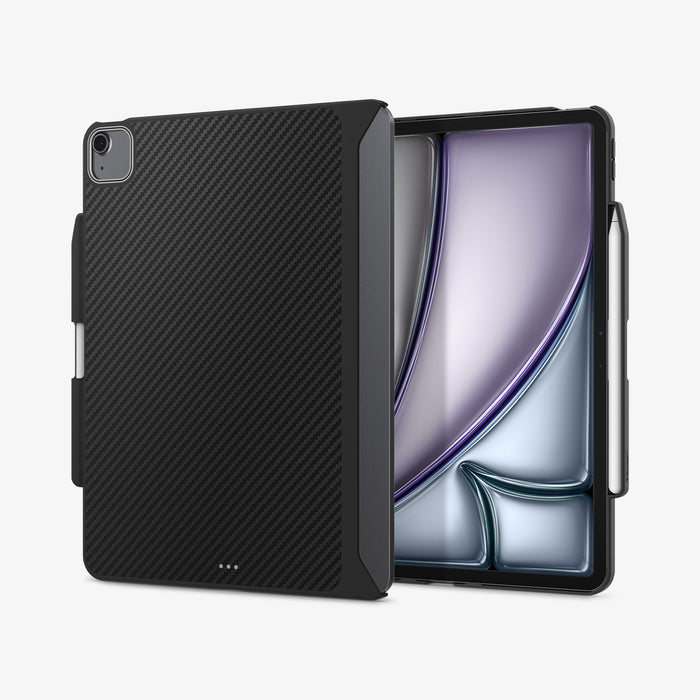 ACS07670 - iPad Air 13-inch (2024) Case Enzo Aramid in Black showing the back, partial front with stylus pen attached