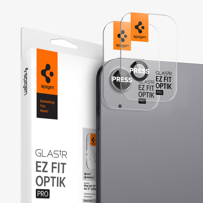 AGL07801 - Spigen Glas.tR EZ Fit Optik Pro 2-pack Space Gray for iPad Air 13 with retail packaging and two lens protectors