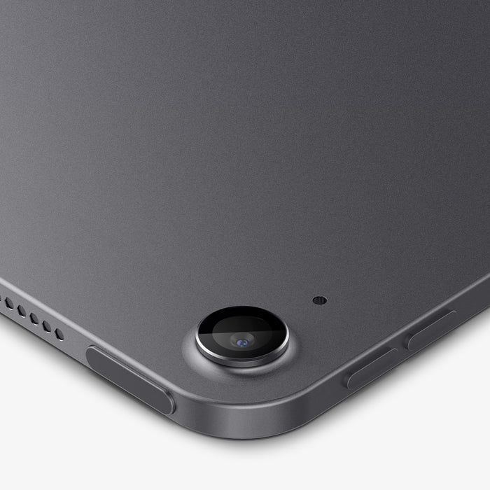 AGL07801 - Close-up of Spigen Glas.tR EZ Fit Optik Pro lens protector installed on iPad Air 13 Space Gray rear camera corner
