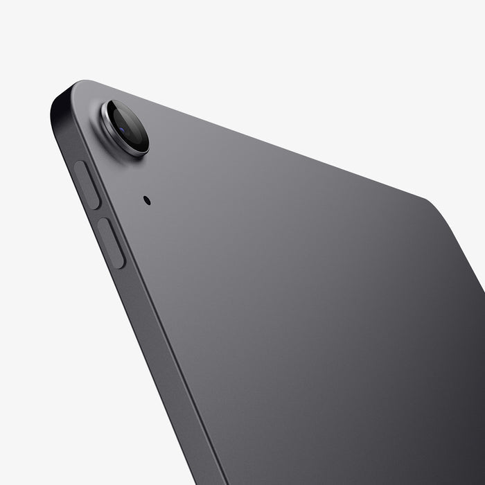 AGL07801 - Angled close-up of iPad Air 13 Space Gray rear camera lens corner view