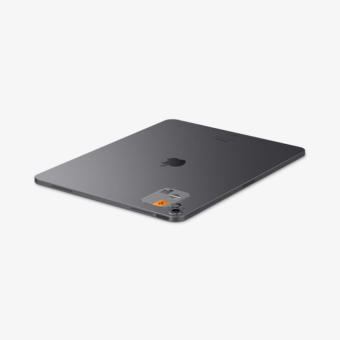AGL07801 - Spigen Glas.tR EZ Fit Optik Pro lens protector applied to iPad Air 13 Space Gray shown from back three-quarter view