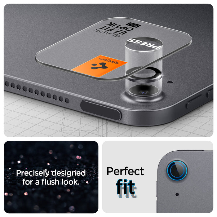 AGL07801 - Spigen Glas.tR EZ Fit Optik Pro camera lens protector being applied to iPad Air 13 in Space Gray showing precise flush fit