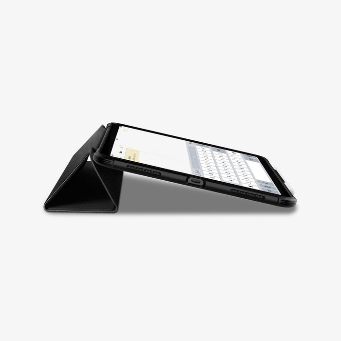 ACS02054 - iPad Air 10.9" (2022 / 2020) Case Rugged Armor Pro in black showing the front and bottom with device propped up by built in kickstand