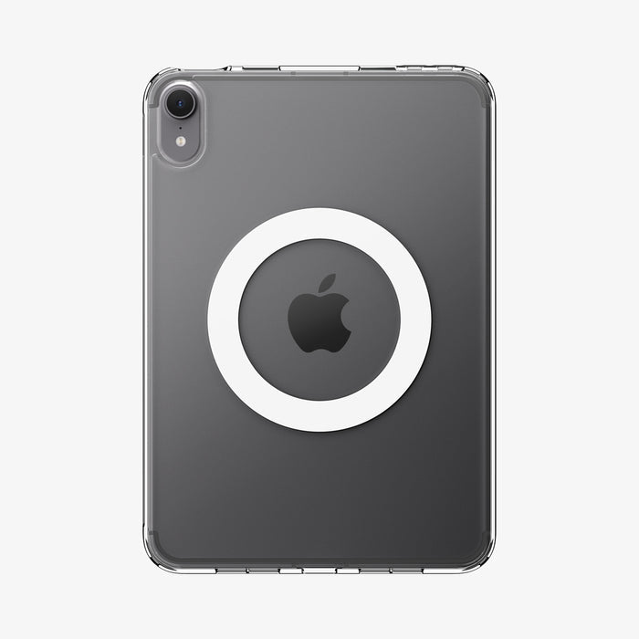 ACS11623 - Back of the clear white Spigen case for iPad Mini showing a built-in magnetic ring around the Apple logo for MagSafe compatibility