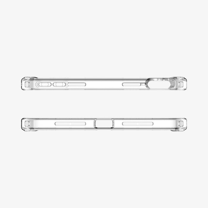 ACS11623 - Top and bottom edge views of the clear white Spigen Ultra Hybrid case on an iPad Mini, showing cutouts for the charging port, buttons, and Apple Pencil pairing