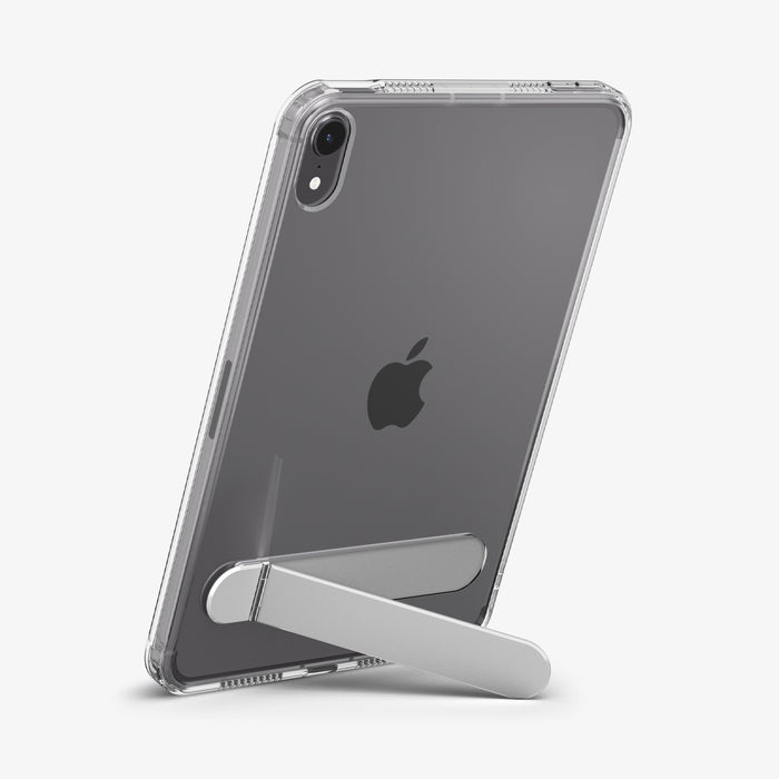 ACS11625 - Clear Spigen case with metal kickstand extended, shown propping up an iPad Mini in landscape orientation