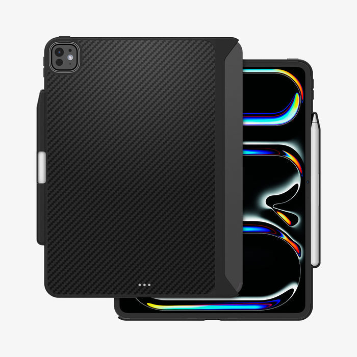 ACS07009 - iPad Pro 13-inch (2024) Case Enzo Aramid in Black showing the back and partial front with stylus pen attached