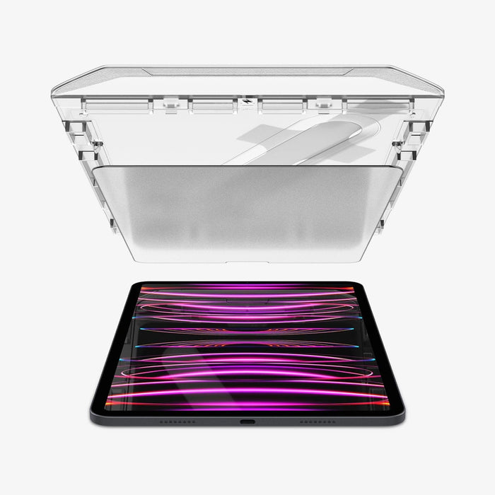 AGL02761 - iPad Pro 11" Screen Protector Paper Touch EZ Fit showing the ez fit tray and screen protector hovering above device