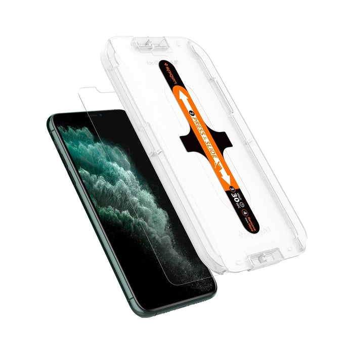 063GL25358 - iPhone 11 Pro Screen Protector GLAS.tR EZ Fit showing the ez fit tray and screen protector hovering in front of device