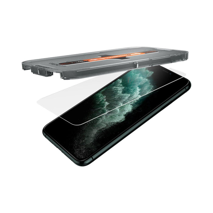 063GL25358 - iPhone 11 Pro Screen Protector GLAS.tR EZ Fit showing the ez fit tray and screen protector being installed onto the device