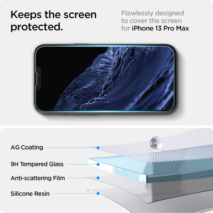 AGL03376 - iPhone 13 Pro Max Screen Protector EZ FIT GLAS.tR (Sensor Protection) showing the flawlessly design to cover the screen for iPhone 13 Pro Max. Keeps the screen protected with AG coatingm 9H Tempered Glass, Anti-scattering Film and Silicone resin