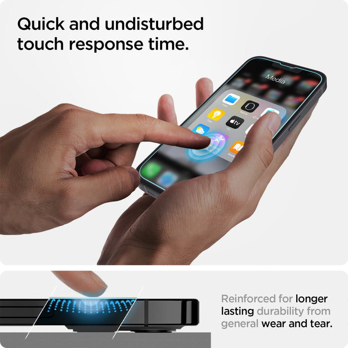 AGL03386 - iPhone 13 / 13 Pro Screen Protector EZ FIT GLAS.tR (Sensor Protection) showing the quick and undisturbed touch response time. Reinforced for longer lasting durability from general wear and tear