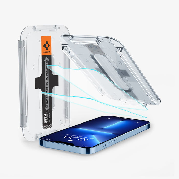 AGL03375 - iPhone 13 Pro Max Screen Protector EZ FIT GLAS.tR SLIM showing the device with two screen protectors and ez fit alignment tray