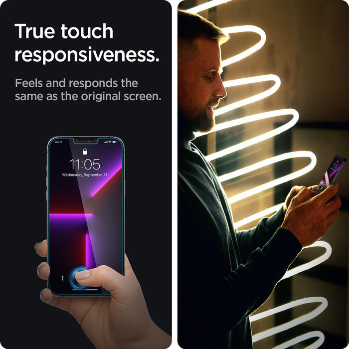 AGL03375 - iPhone 13 Pro Max Screen Protector EZ FIT GLAS.tR SLIM showing the true touch responsiveness. Feels and responds the same as the original screen