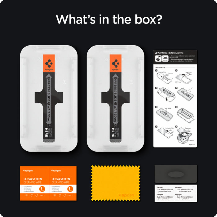 AGL03375 - iPhone 13 Pro Max Screen Protector EZ FIT GLAS.tR SLIM showing what's in the box? 2 screen protectors, manual instructions, cleaning wipes, microfiber cloth and dust stickers