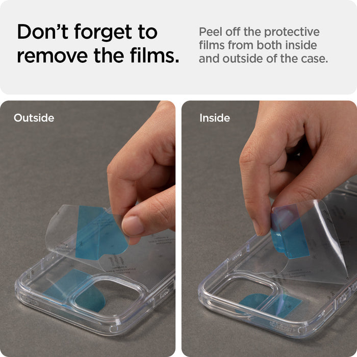 ACS03204 - iPhone 13 Pro Max Case Ultra Hybrid in crystal clear showing the peeling off the protective films from both inside and outside of the case