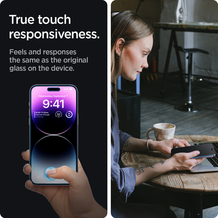 AGL05203 - iPhone 14 Pro Max Screen Protector EZ FIT GLAS.tR Privacy true touch responsiveness. Feels and responses the same as the original glass on the device.