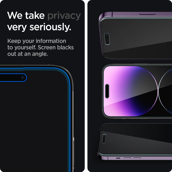 AGL05203 - iPhone 14 Pro Max Screen Protector EZ FIT GLAS.tR Privacy showing we take privacy very seriously. Keep your information to yourself. Screen blacks out at an angle.