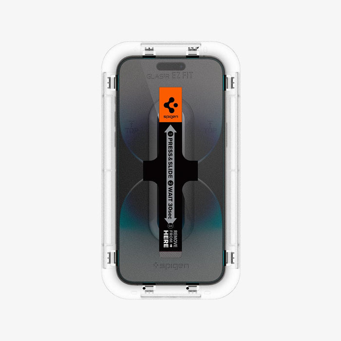 AGL05202 - iPhone 14 Pro Max Screen Protector EZ FIT GLAS.tR (Sensor Protection) showing the ez fit tray installed onto the device front view
