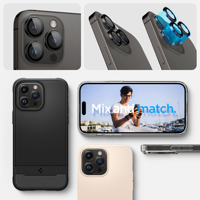 AGL05205 - iPhone 14 Pro / 14 Pro Max Optik Pro Lens Protector in black showing the mix and match