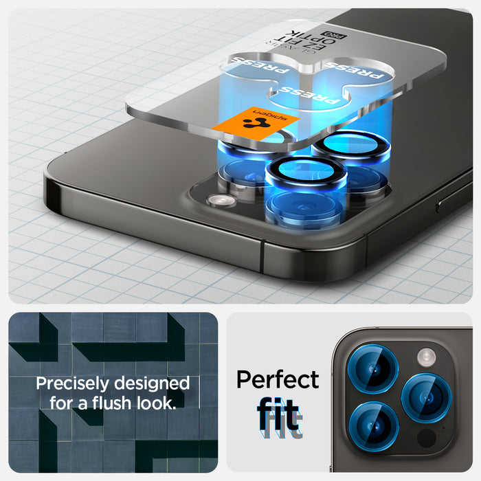 AGL05205 - iPhone 14 Pro / 14 Pro Max Optik Pro Lens Protector in black showing the perfect fit. Precisely designed for a flush look